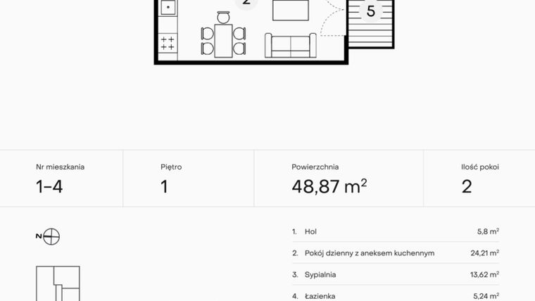 Rzut - Mieszkanie na sprzedaż 2 pokoje o powierzchni 48,87 m² - numer 1-4 w Pączka 1