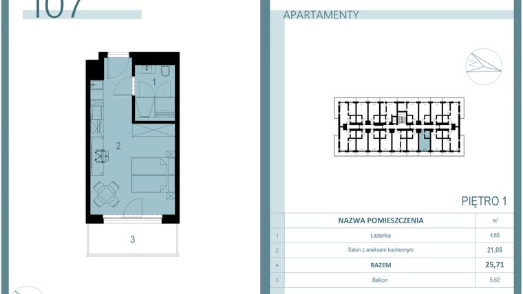Rzut - Mieszkanie na sprzedaż 1 pokój o powierzchni 25,71 m² - numer 107 w Linea Mare Mrzeżyno