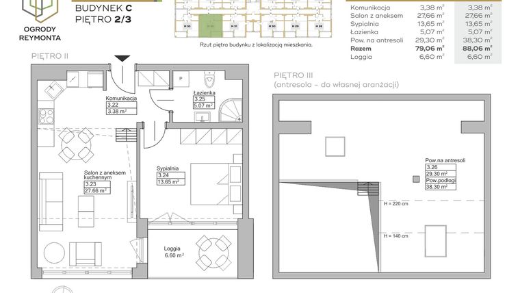 Rzut - Mieszkanie na sprzedaż 2 pokoje o powierzchni 79,06 m² - numer M32 w Ogrody Reymonta