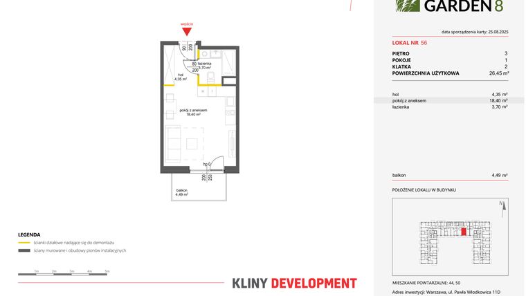 Rzut - Mieszkanie na sprzedaż 1 pokój o powierzchni 26,45 m² - numer 56 w Nova Viva Garden 8