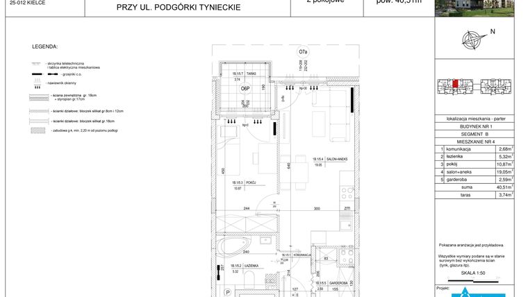 Rzut - Mieszkanie na sprzedaż 2 pokoje o powierzchni 40,51 m² - numer B5 w Podgórki Tynieckie