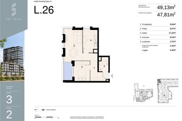 Rzut - Mieszkanie na sprzedaż 2 pokoje o powierzchni 49,13 m² - numer L26 w Sky Trust etap II - Apartamenty inwestycyjne