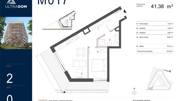Rzut - Mieszkanie na sprzedaż 2 pokoje o powierzchni 41,38 m² - numer M017 w Ultradom