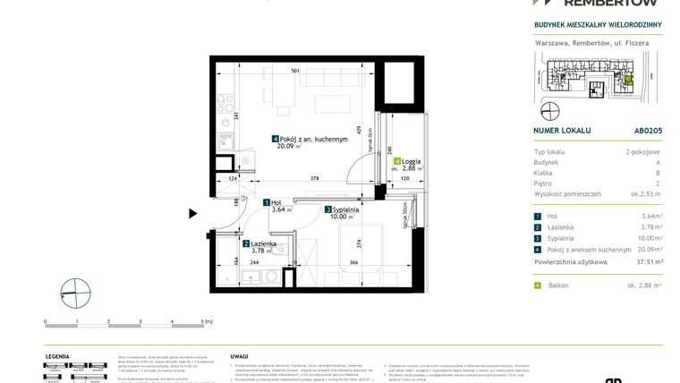 Rzut - Mieszkanie na sprzedaż 2 pokoje o powierzchni 37,51 m² - numer AB0205 w Stacja Rembertów
