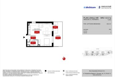 Rzut - Mieszkanie na sprzedaż 1 pokój o powierzchni 39,43 m² - numer WR3 1/0/5/1a w Przystań Reymonta etap II