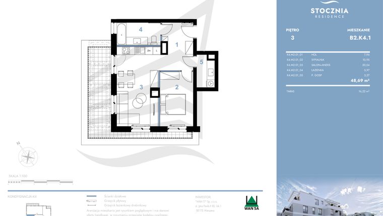 Rzut - Mieszkanie na sprzedaż 2 pokoje o powierzchni 48,69 m² - numer B2.K4.1 w Stocznia Residence