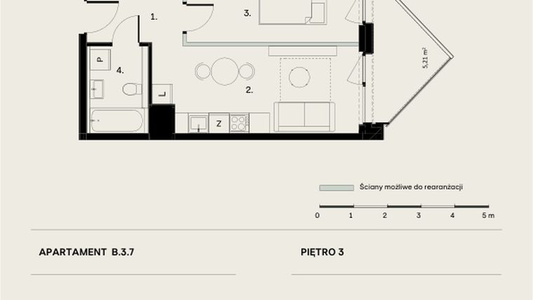 Rzut - Mieszkanie na sprzedaż 2 pokoje o powierzchni 36,11 m² - numer B/3/7 w Ogrodowa 12