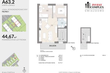 Rzut - Mieszkanie na sprzedaż 3 pokoje o powierzchni 44,67 m² - numer A63.2 w Osiedle Gwiazdowo etap 6B