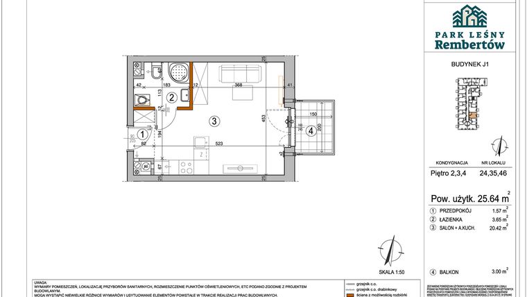 Rzut - Mieszkanie na sprzedaż 1 pokój o powierzchni 25,64 m² - numer J1-35 w Park Leśny Rembertów etap VIII