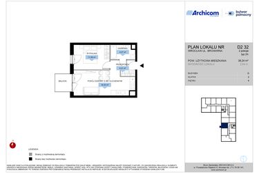 Rzut - Mieszkanie na sprzedaż 2 pokoje o powierzchni 38,24 m² - numer D2.32 w Bulwar Północny