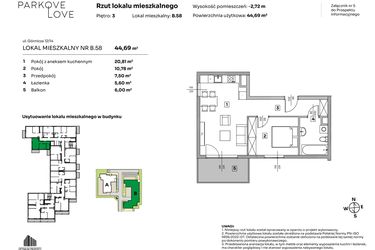 Rzut - Mieszkanie na sprzedaż 2 pokoje o powierzchni 44,69 m² - numer B.58 w Parkove Love