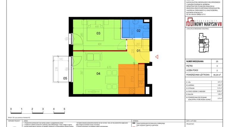 Rzut - Mieszkanie na sprzedaż 2 pokoje o powierzchni 46,29 m² - numer 25 w Apartamenty Nowy Marysin VII