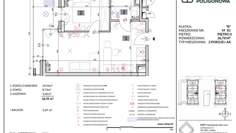 Rzut - Mieszkanie na sprzedaż 2 pokoje o powierzchni 36,78 m² - numer 81 w Apartamenty Poligonowa etap 4