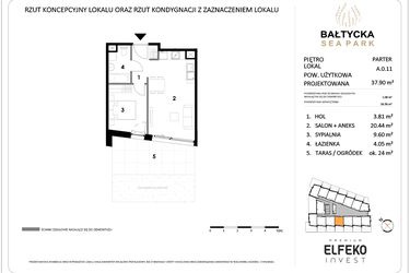 Rzut - Mieszkanie na sprzedaż 2 pokoje o powierzchni 37,9 m² - numer A.0.11 w Bałtycka Sea Park