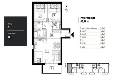 Rzut - Mieszkanie na sprzedaż 3 pokoje o powierzchni 65,61 m² - numer M.12 w Zielony Horyzont II