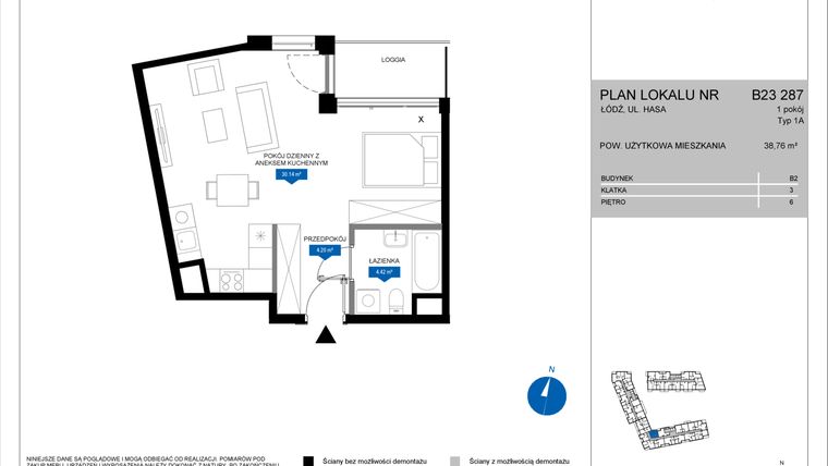 Rzut - Mieszkanie na sprzedaż 1 pokój o powierzchni 38,76 m² - numer B23 287 w Flow - bud. B2 A i bud. B2 B