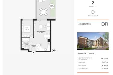 Rzut - Mieszkanie na sprzedaż 2 pokoje o powierzchni 45,46 m² - numer D11 w Na Koszutce II