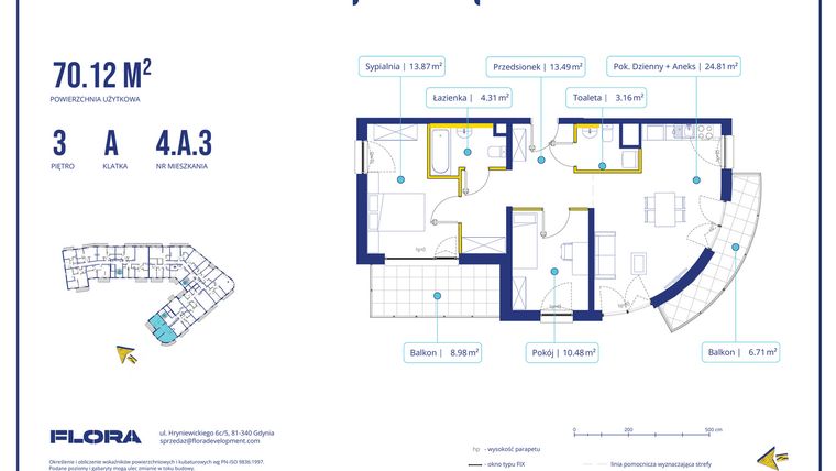 Rzut - Mieszkanie na sprzedaż 3 pokoje o powierzchni 70,12 m² - numer 4.A.3 w Piotra 4