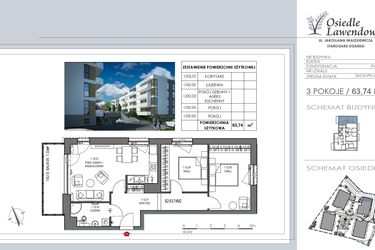 Rzut - Mieszkanie na sprzedaż 3 pokoje o powierzchni 63,74 m² - numer B2 w Osiedle Lawendowe