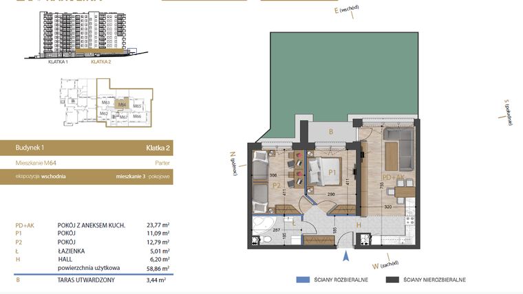 Rzut - Mieszkanie na sprzedaż 3 pokoje o powierzchni 58,86 m² - numer 64 w Osiedle Dakar Karolina