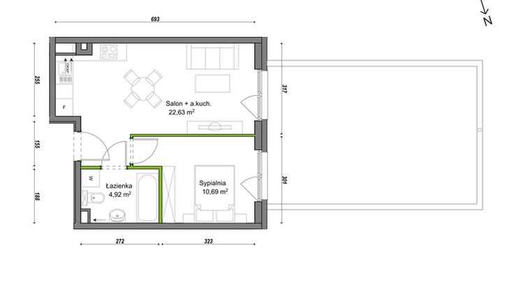 Rzut - Mieszkanie na sprzedaż 2 pokoje o powierzchni 38,24 m² - numer E2/F/06 w Orawska Vita