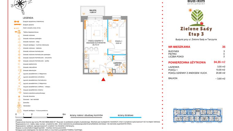 Rzut - Mieszkanie na sprzedaż 2 pokoje o powierzchni 34,35 m² - numer 35 w Zielone Sady etap III