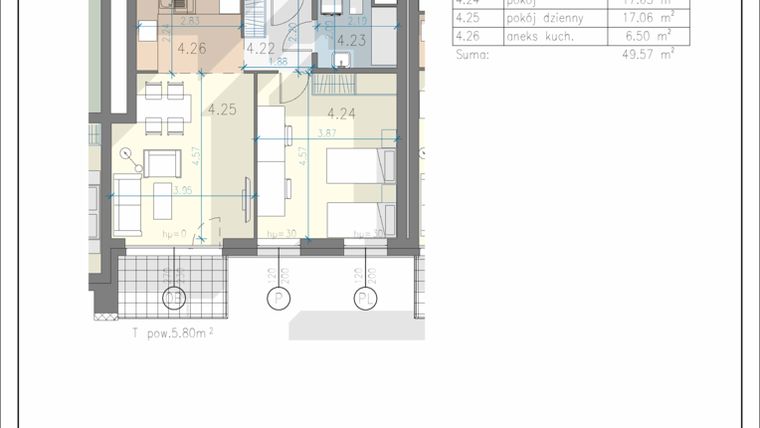 Rzut - Mieszkanie na sprzedaż 2 pokoje o powierzchni 49,57 m² - numer 28 w Residence Przewóz 41