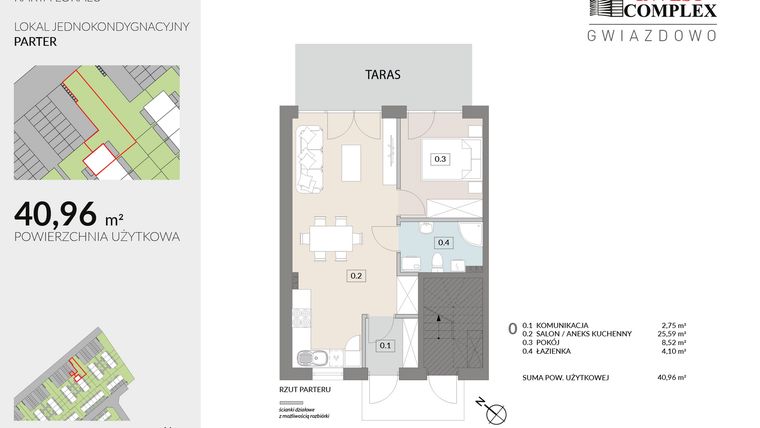 Rzut - Mieszkanie na sprzedaż 2 pokoje o powierzchni 40,96 m² - numer A53.1 w Osiedle Gwiazdowo etap 6B