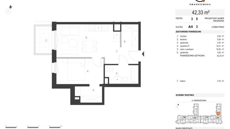 Rzut - Mieszkanie na sprzedaż 2 pokoje o powierzchni 42,33 m² - numer A/4/3.5 w Smardzewska 8