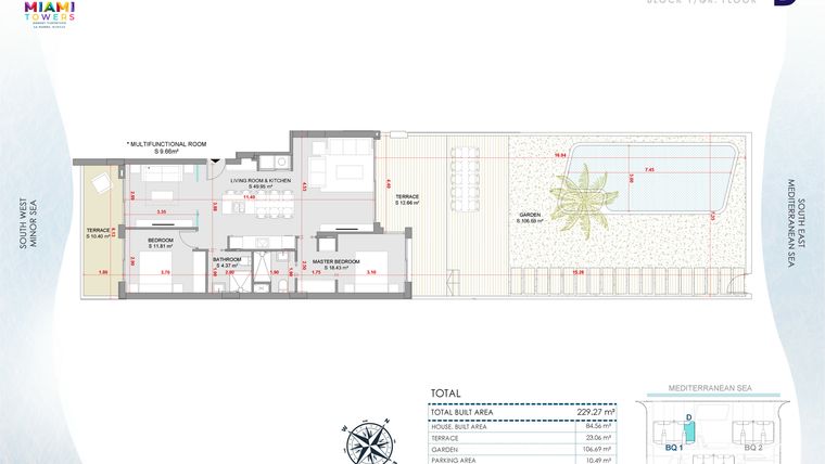 Rzut - Mieszkanie na sprzedaż 3 pokoje o powierzchni 229,27 m² - numer PB-BL1-D w Miami Towers