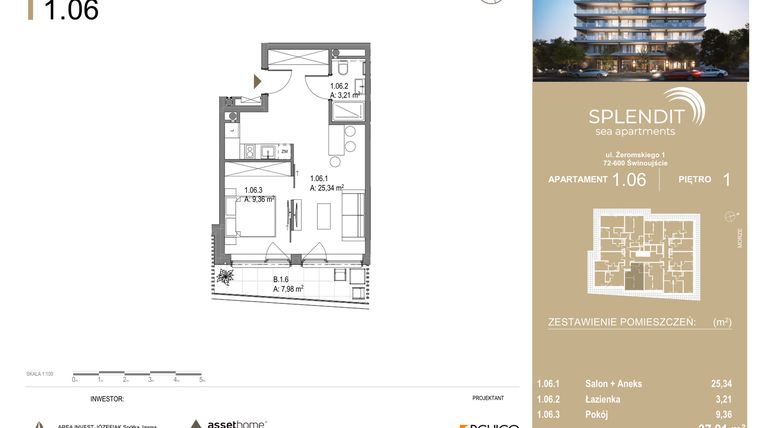 Rzut - Mieszkanie na sprzedaż 2 pokoje o powierzchni 37,91 m² - numer 1.6 w Splendit Świnoujście
