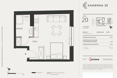 Rzut - Mieszkanie na sprzedaż 1 pokój o powierzchni 34,75 m² - numer 4.20 w Kamienna 28 - apartamenty inwestycyjne