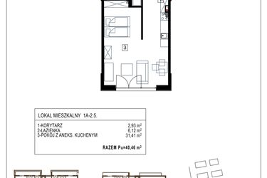 Rzut - Mieszkanie na sprzedaż 1 pokój o powierzchni 40,46 m² - numer 1A-2.5 w Gardenia Pogodno