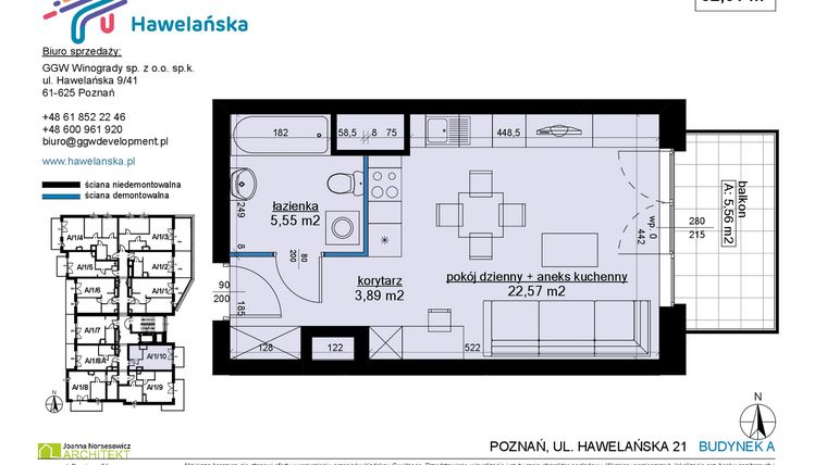 Rzut - Mieszkanie na sprzedaż 1 pokój o powierzchni 32,01 m² - numer A/1/10 w Osiedle Hawelańska etap III - bud. A