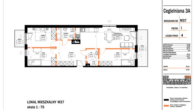 Rzut - Mieszkanie na sprzedaż 4 pokoje o powierzchni 90,12 m² - numer 37 w Osiedle StaLove etap II