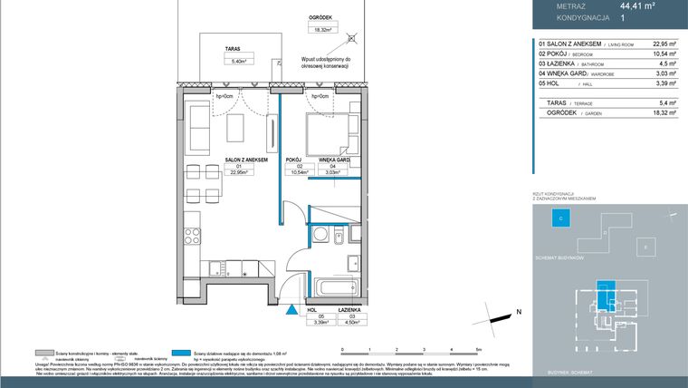 Rzut - Mieszkanie na sprzedaż 2 pokoje o powierzchni 44,41 m² - numer C.1.02 w Nordic Bemowo - etap IV