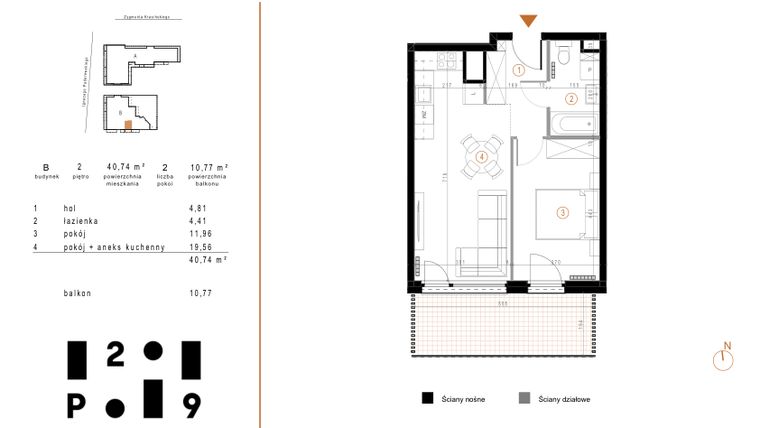 Rzut - Mieszkanie na sprzedaż 2 pokoje o powierzchni 40,74 m² - numer B16 w Paderewskiego 29
