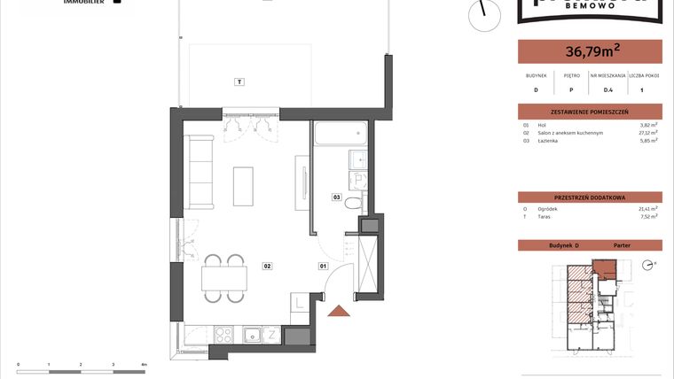 Rzut - Mieszkanie na sprzedaż 1 pokój o powierzchni 36,79 m² - numer D.04 w Premiera Bemowo