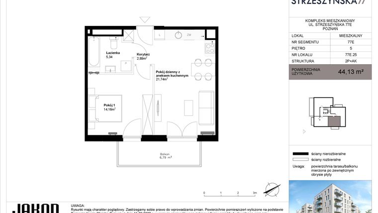 Rzut - Mieszkanie na sprzedaż 2 pokoje o powierzchni 44,13 m² - numer 77E.25 w Strzeszyńska 77