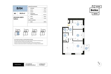 Rzut - Mieszkanie na sprzedaż 3 pokoje o powierzchni 56,93 m² - numer B/04 w Osiedle Bolko etap II