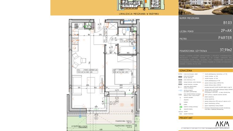 Rzut - Mieszkanie na sprzedaż 2 pokoje o powierzchni 37,91 m² - numer B1.3 w Nova Daliova