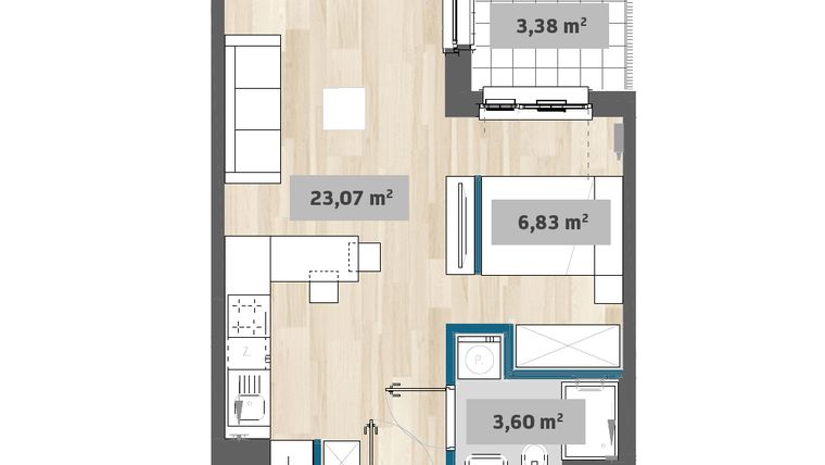 Rzut - Mieszkanie na sprzedaż 1 pokój o powierzchni 33,33 m² - numer F1.C.02.02 w Sady Żoliborz