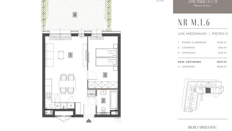 Rzut - Mieszkanie na sprzedaż 2 pokoje o powierzchni 43,17 m² - numer M.1.6 w Zamoyskiego 31