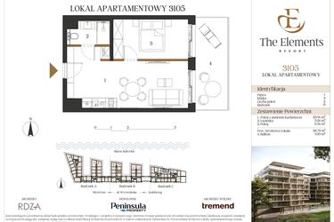 Rzut - Mieszkanie na sprzedaż 2 pokoje o powierzchni 38,78 m² - numer B3105 w The Elements Resort