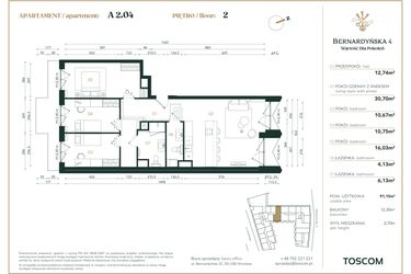 Rzut - Mieszkanie na sprzedaż 4 pokoje o powierzchni 91,15 m² - numer A/2/04 w Bernardyńska 4