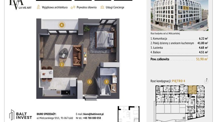 Rzut - Mieszkanie na sprzedaż 1 pokój o powierzchni 51,9 m² - numer M4.9 w La Vie Art