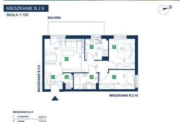 Rzut - Mieszkanie na sprzedaż 3 pokoje o powierzchni 56,55 m² - numer B.2.9 w EcoVista