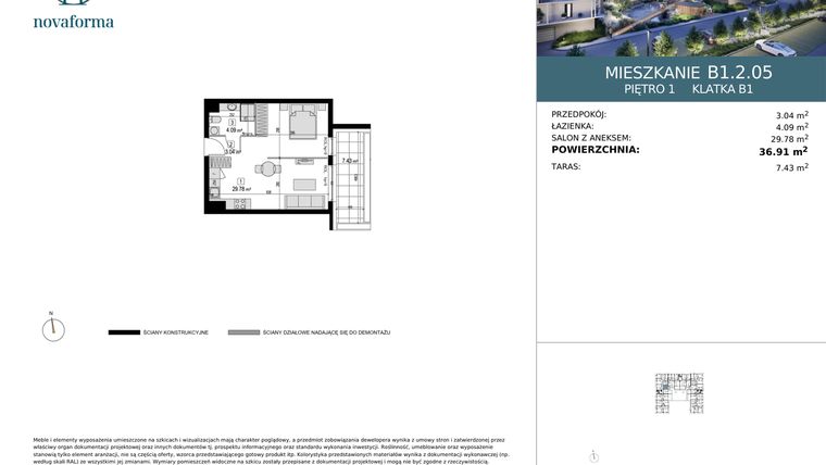 Rzut - Mieszkanie na sprzedaż 1 pokój o powierzchni 36,91 m² - numer B1.2.05 w Novaforma II