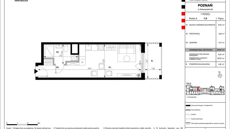 Rzut - Mieszkanie na sprzedaż 1 pokój o powierzchni 29,84 m² - numer B.A.1.5 w Zajezdnia