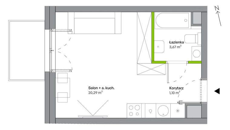 Rzut - Mieszkanie na sprzedaż 1 pokój o powierzchni 25,06 m² - numer B.04.01.10 w WUWA Vita